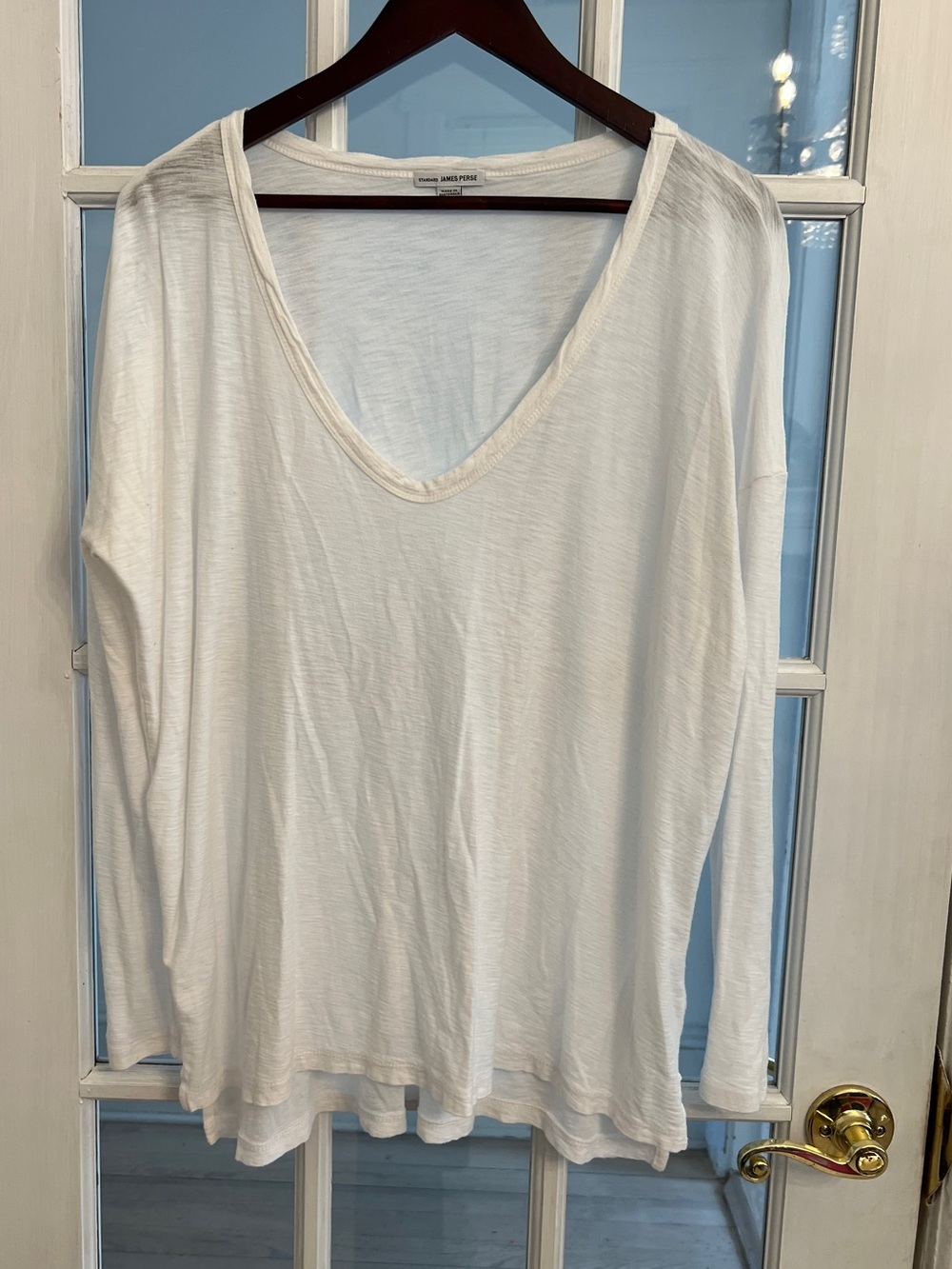 JAMES PERSE Women’s White Cotton Modal Slub V Neck Long Sleeve Tee Size 2 M